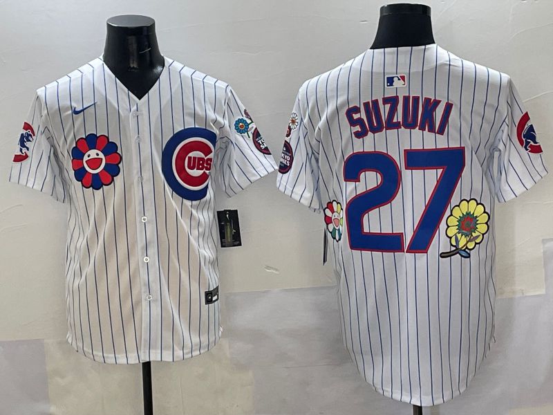 Men Chicago Cubs 27 Suzuki White Stripe Flower Edition 2025 Nike MLB Jersey style 2